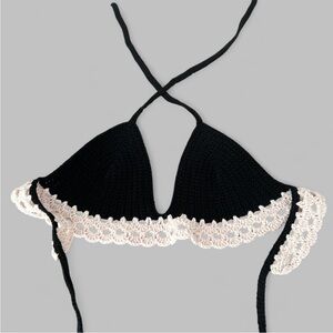 Elegant Black and Cream Crochet Bikini Top